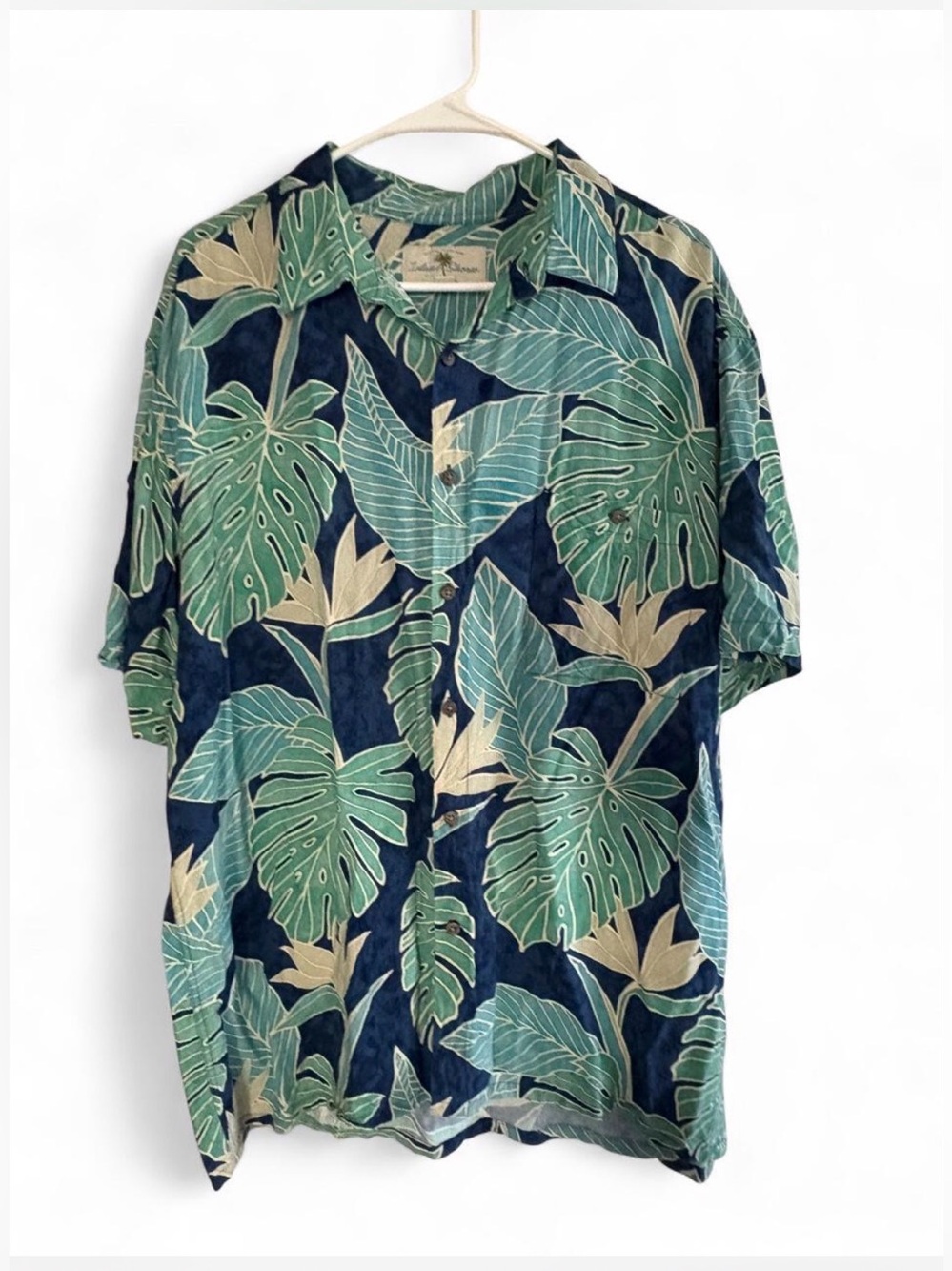 Casual Navy and Green Tropical Leaf Short-Sleeve Button-Down Shirt